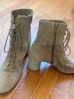 Zara Taupe Buttery Suede Lace-Up Ankle Boots with Block Heel